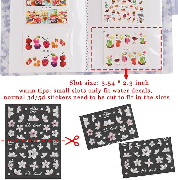 Fcozpjk 120 Slots Nail Stickers Storage Book Empty Stickers Album Holder | Pink Flowers Water Decals Collecting Stickers Display Showing Shelf Binder Case Manicure Tools Photo Collection Book - Image 3