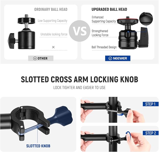 NEEWER TL253A+DS001 Table Camera Tripod with 2 Section Arm | Phone Holder, Ball Heads, Screw Adapter, Table Light Stand for Camera, Mobile Phone, Webcam, Ring Light - Image 9