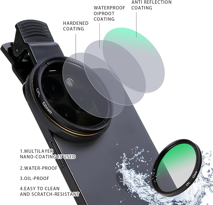 52MM Circular Polarizer Filter, Ultra Slim Multi-Coated CPL Lens Filter, Clip-on Phone Camera Filter Kit, Compatible for iPhone 15 14 13 12 11,Motorola, Google Pixel and Other Smart Phones - Image 3