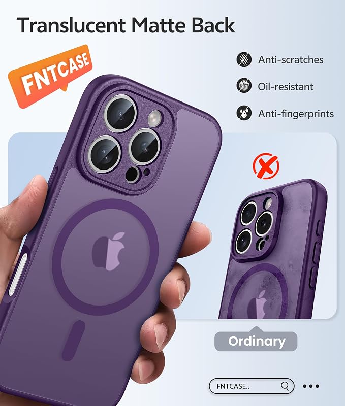FNTCASE for iPhone 16 Pro Max Case, Fit for Magsafe, Glass Screen Protector | Full Camera Protection, Translucent Matte, 14FT Military Grade Drop Proof, Shockproof Protective Phone Cover, Purple - Image 6
