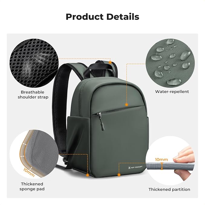 K&F CONCEPT Camera Backpack, Lightweight Compact Camera Bag 5L | Water-Resistant, Dividers, 9.7in Tablet Compartment, Quick Access, Street & Urban, Men & Women, for Canon/Nikon/Sony, Green - Image 6