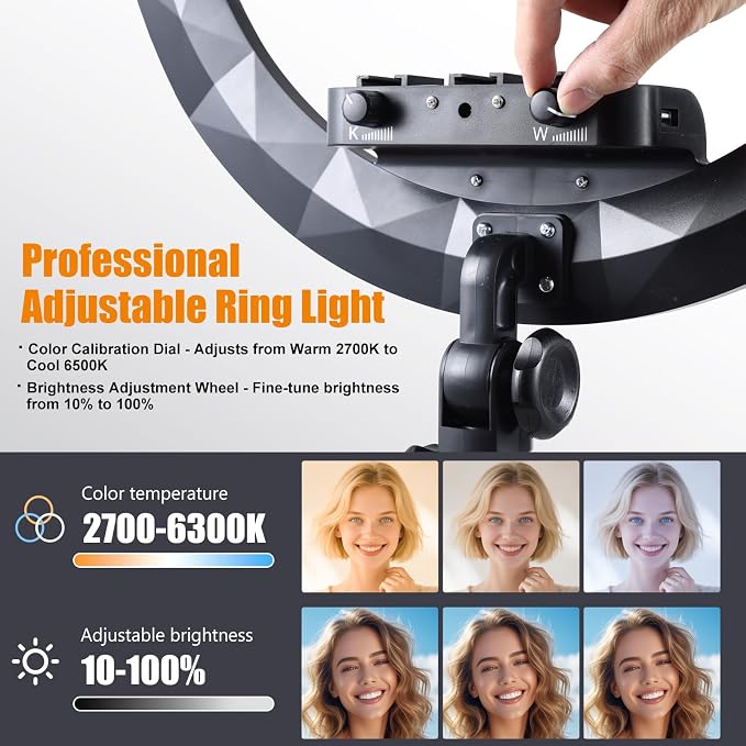 19" Ring Light with Stand, 75" Tripod Rolling Wheels, Phone & ipad Holders | 3 Color Modes & 6300K Dimmable LED Light, Large Ring light for Photography Streaming Video Recording Barber Tattoo Makeup - Image 2