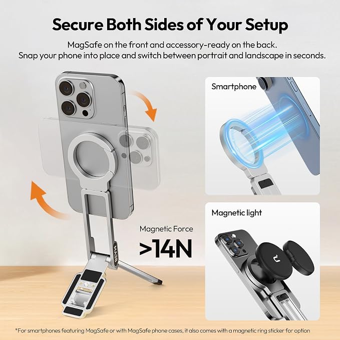 ULANZI MA38 Magnetic Phone Tripod for iPhone, Portable Phone Holder Silver | Portable Phone Tripod for Magsafe w Foldable Hook Double-Sided 1/4'' Screw for Travel Vlog Selfie iPhone 17/16/15/14/13 - Image 7