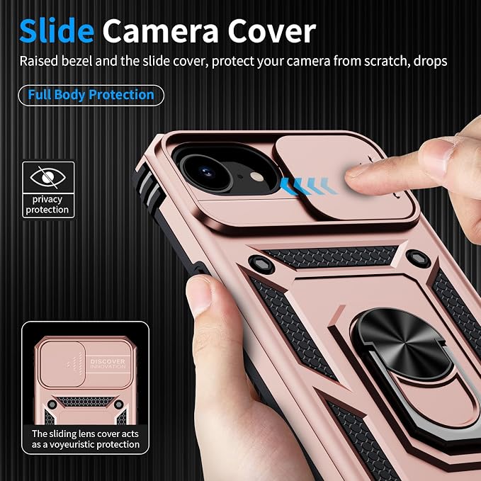 for iPhone 17e Case & iPhone 16e Case with 2X HD Screen Protector & Slide Camera Cover & Rotated Ring Kickstand, Rugged Heavy Duty Protective Phone Case for iPhone 17e/16e 6.1", Rose Gold - Image 4