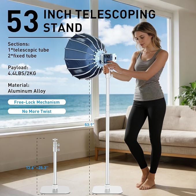 Ailight TS50 Camera Stand, 12.6 to 53.1 in Height, Universal 1/4" to 3/8" Screw Adapter with Swivel 360° Panoramic Ball Head, Light Stand Desk and Floor Mount for DSLR Cameras, Photograph Lights - Image 3