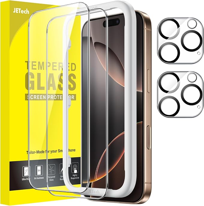 JETech Screen Protector for iPhone 16 Pro Max, 2+2 Pack | with Camera Lens Protector, HD Clear Tempered Glass, Anti-Scratch Protection, Easy Installation Tool by JETech