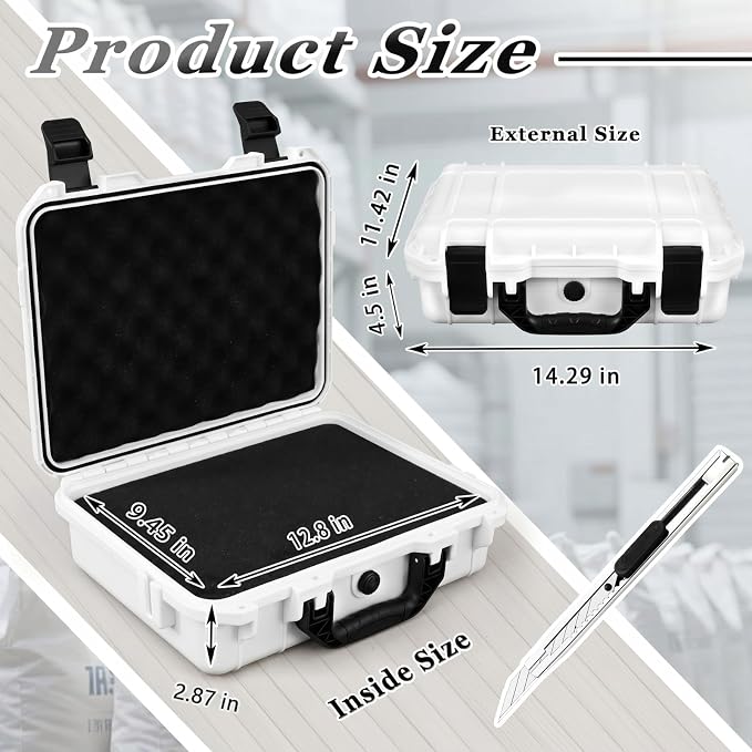 Relaxweex 1 Pcs Waterproof Hard Case with DIY Customizable Foam Insert Portable Protective Case with Knife for Camera Drones Equipments Tools Test Instruments(White,14.3 x 11.4 x 4.5 Inch) - Image 2