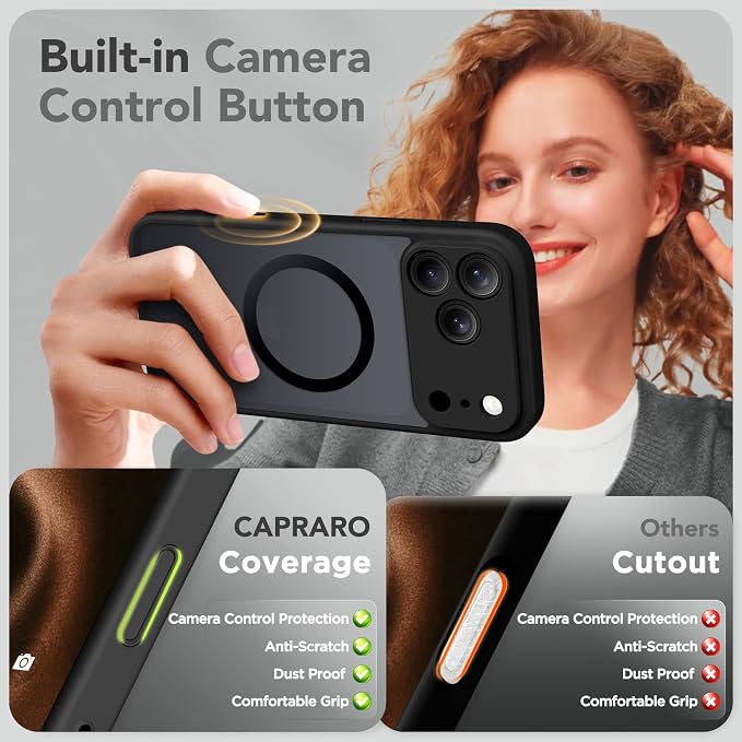 CAPRARO for iPhone 17 Pro Case, Compatible with MagSafe Black | Upgraded [Full Camera Protection] Protective Translucent Matte Women Girl Magnetic Phone Case Cover, Black - Image 5
