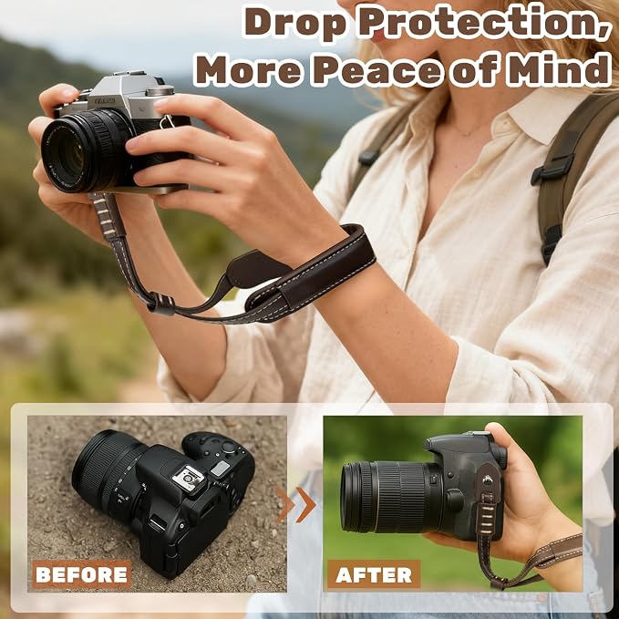 Vintage Brown Leather Camera Wrist Strap – Adjustable Safety Hand Strap for DSLR, SLR, and Mirrorless Cameras (Compatible with Fujifilm X Series and Compact Models) - Image 4
