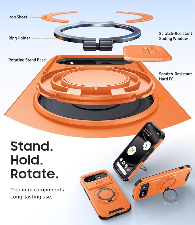 JAME for Google Pixel 10A Case with Ring Stand & Slide Camera Cover Orange | Ring Holder Kickstand, Screen Protectors, Dual-Layer Shockproof Protective, Magnetic Accessory Friendly Phone Case, Orange - Image 7