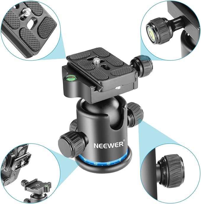 NEEWER 36MM Tripod Ball Head 360° Panoramic Metal with Arca Type Plate | Quick Release Plate, 1/4" Screw, 3/8" Thread, Max Load 17.6lb/8kg, Mount for Monopod, Slider, DSLR Camera, Camcorder (Blue) - Image 2