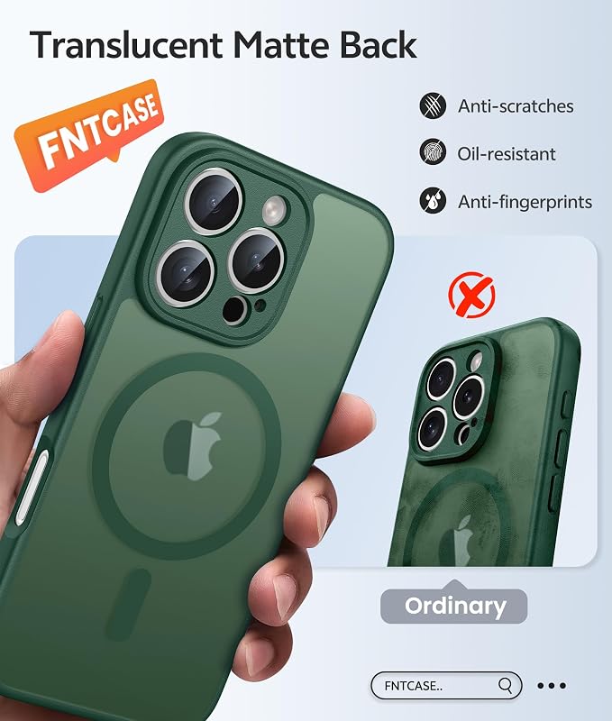 FNTCASE for iPhone 16 Pro Max Case, Fit for Magsafe, Glass Screen Protector | Full Camera Protection, Translucent Matte, 14FT Military Grade Drop Proof, Shockproof Protective Phone Cover, Green - Image 6