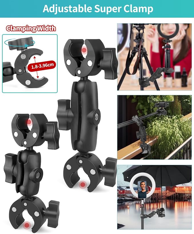 Double Super Clamp Mount 7.28"/18.5cm & 8.86"/22.5cm, Motorcycle Bike Handlebar Umbrella Pole Chair H oleder Clamp Mount for Light Stand Reflector Boom Stand Selfie Stick - Image 4