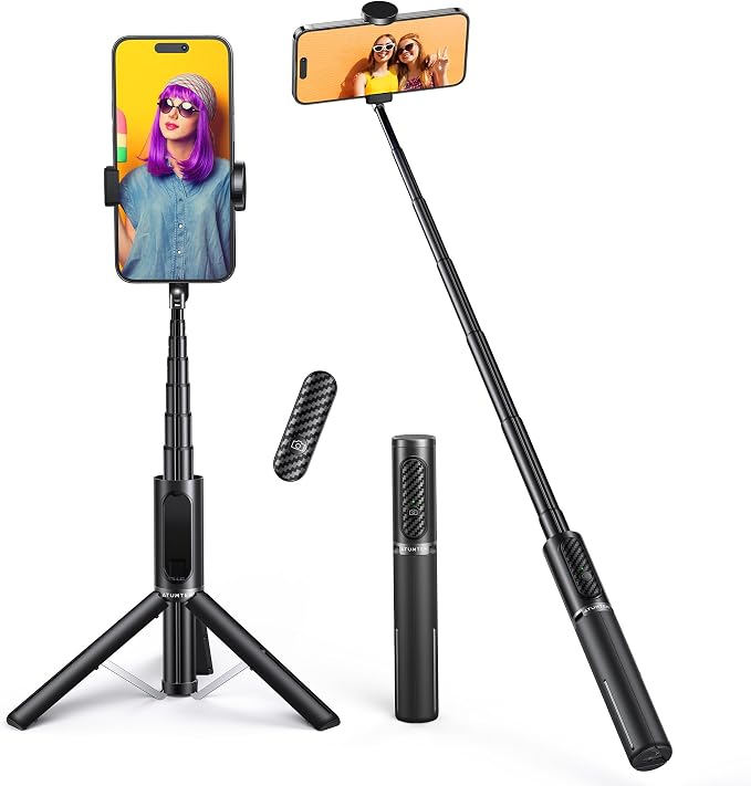 ATUMTEK Selfie Stick Tripod, 3-in-1 Extendable Aluminum Phone Tripod with Detachable Bluetooth Remote, Compatible with iPhone 17/16/15/14/13/12/11/11 Pro/XS Max/XR and Samsung Smartphones, Black by ATUMTEK