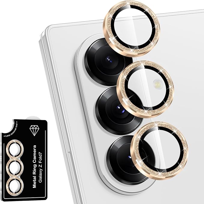 for Samsung Galaxy Z Fold 7 Camera Lens Protector, Individual Metal Ring Tempered Glass Lens Cover, [Strong Adsorption] Scratch Resistant Ultra-Thin HD Clear Lens Cover, 1 Set-Gold Sparkly by Btscase