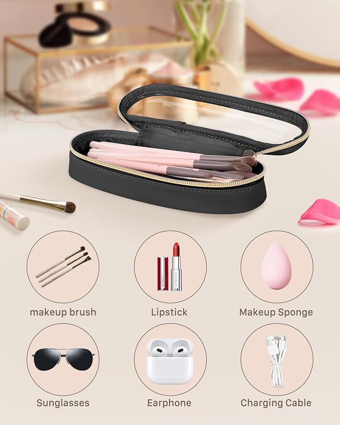 Soimeat Clear Travel Makeup Brush Holder, Leather Makeup Brush Toiletry Bag, Portable Cosmetic Brush Case, Transparent Waterproof Makeup Brush Storage Bag, Black, Large - Image 2