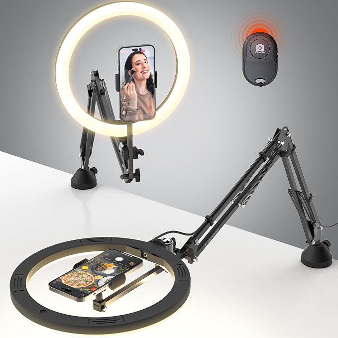 Upgrade Ring Light Overhead Phone Mount, 12”Circle LED Desk Ring Light with Clamp for Video Recording,Flexible Articulating Phone Arm Stand Compatible with iPhone,Live Streaming YouTube Tiktok by CACENCAN