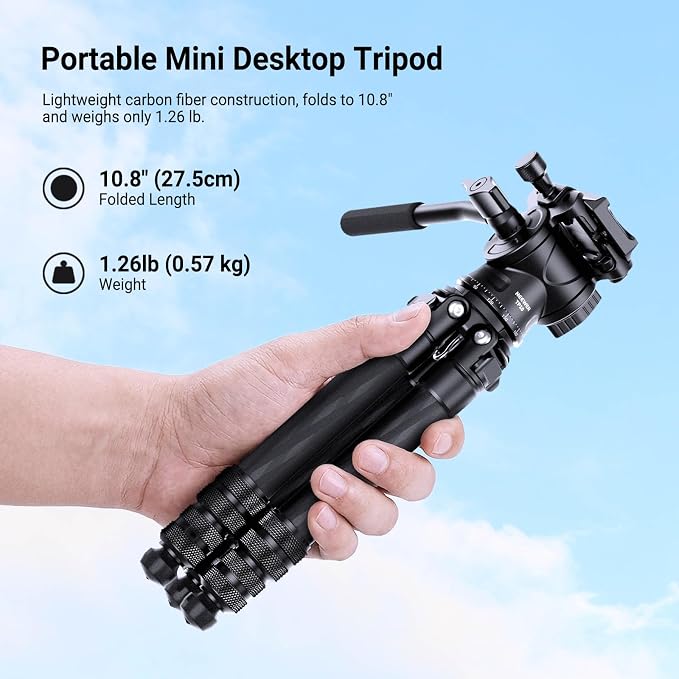 NEEWER Carbon Fiber Desktop Mini Tripod for Camera, Tabletop Portable Travel Tripod with Video Fluid Head, QR Plate for TikTok DSLR Action Camera Video Recording Streaming, Max Load 6.6lb/3kg, TP10 - Image 2