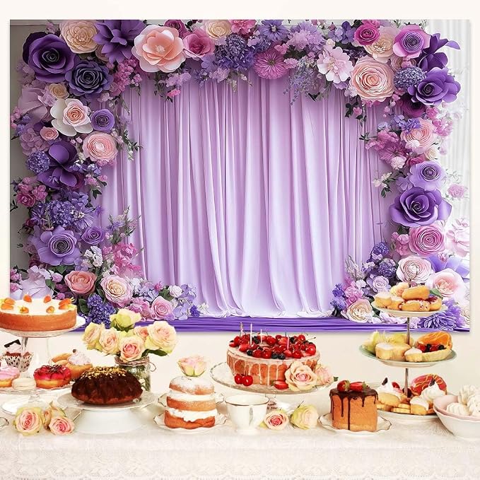 10X8ft Purple Flower Wall Background Photography Lavender Backdrop for Parties Wedding, Girls Birthday Princess Weeding Bridal Shower Purple Floral Anniversary Ceremony Decor. - Image 3