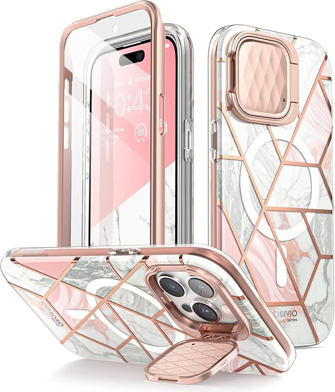 i-Blason Cosmo for iPhone 15 Pro Case with Camera Cover Stand [Compatible with MagSafe][Built-in Screen Protector] 360 Full-Body Protective Magnetic Phone Case for iPhone 15 Pro (2023), Marble | Built-in Screen Protector, Camera Cover Stand, Slim, Stylish by i-Blason
