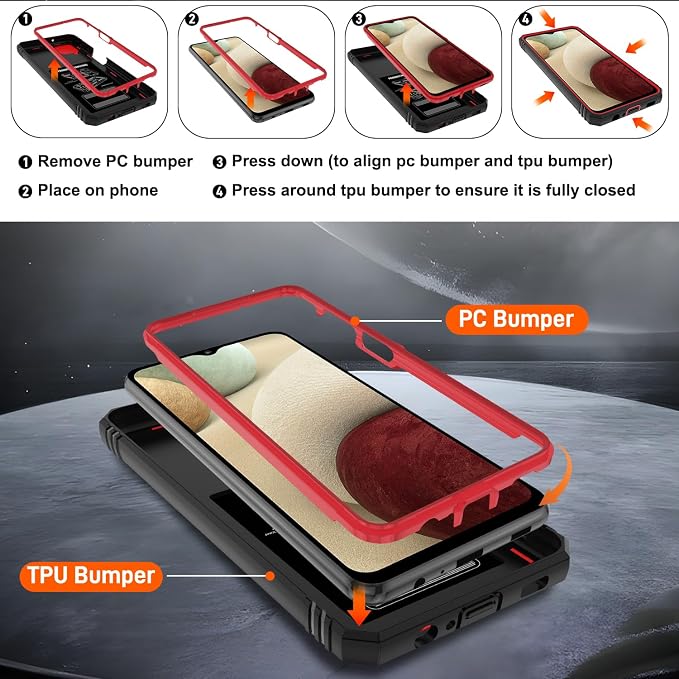 Gritup for Galaxy A12 Phone Case Military-Grade Shockproof with Kickstand | with 2 PCS Screen Protector, Slide Camera Cover, Heavy Duty Outdoor Protection Funda para Galaxy A 12 Cover-Red+Black - Image 4