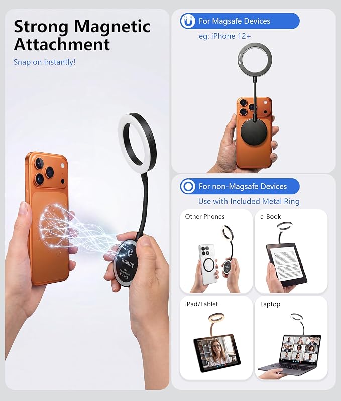 Magnetic Selfie Light,Gooseneck LED Ring Light, Portable Reading Light, Video Conference Light, 5 Brightness Levels,8 CCT Adjustable, Flexible Arm LED Lights for iPhone,iPad,Laptop,Kindle,Book - Image 6