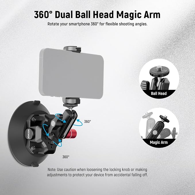 NEEWER 4.5" Suction Cup Camera Mount with Ball Head Magic Arm, CA105 | 1/4" 3/8" ARRI Holes, Quick Release Car Mount, Phone Holder, Action Camera Adapter, Compatible with iPhone DJI Insta360 - Image 5