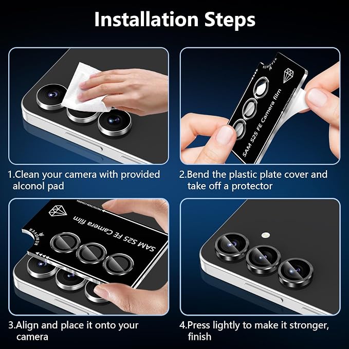 for Samsung Galaxy S25 FE Camera Lens Protector, Individual Metal Ring Tempered Glass Lens Cover, [Strong Adsorption] Scratch Resistant Ultra-Thin HD Clear Lens Cover, 1 Set-Black - Image 6