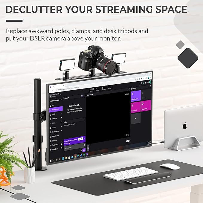 HumanCentric DSLR Monitor Mount Large, Desk Camera, Webcam & Mic Shelf | For Monitor VESA Arm, Replace Clamp Tripods, 100x100mm Patterns, Aluminum, Hardware Included, Light Mounting - Image 5
