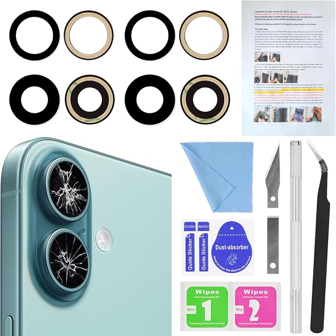 2PCS ASDAWN Back Rear Camera Lens Glass Replacement for iPhone 16 6.1 inch and 16 Plus 6.7 inch with Pre-Installed Adhesive, Back Lens Glass with Installation Manual + Repair Tool Set by ASDAWN