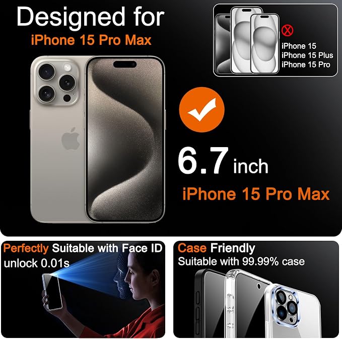 Milomdoi Privacy Screen Protector for iPhone 15 Pro Max, Tempered Glass | 3+3 Pack, 9H+ Hardness, Camera Lens Protector, Military Grade Shatterproof, Easy Installation, No Bubbles, Case Friendly - Image 2