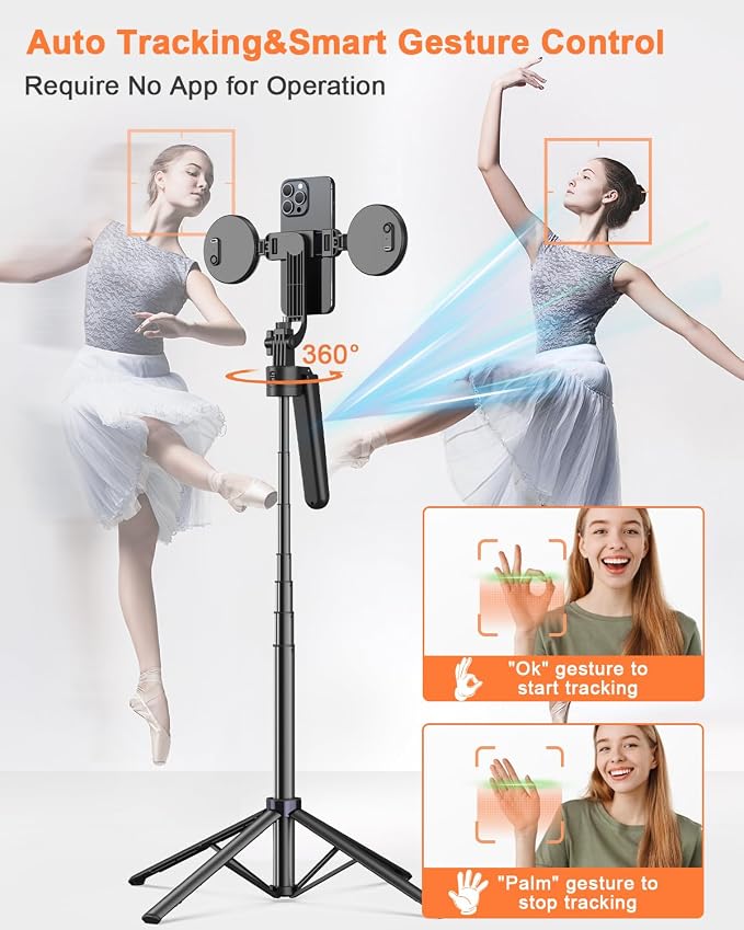 Yeaki 71” Auto Face Tracking Tripod for iPhone with Light,360° Rotating Phone Stand with Rechargeable Remote Control for TikTok Vlog Video Recording, Phone Tripod for Android Camera/GoPro/Ring Light - Image 2