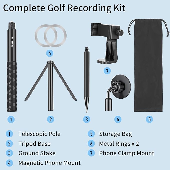 Golf Tripod Monopod, Magnetic Phone Stand for Swing Recording | 53.5" phone holder for iPhone/Android, with clamp, MagSafe/metal ring mount, 1/4"-20 screw, spike, tripod, carry bag - Image 9