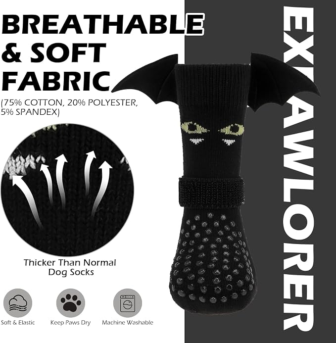 EXPAWLORER Halloween Anti Slip Dog Socks to Prevent Licking Paws, Boots & Paw Protectors with Grippers,Doggie Booties for Hardwood Floors for Small Medium Large Senior Dogs Costume Black Devil Wings S - Image 6