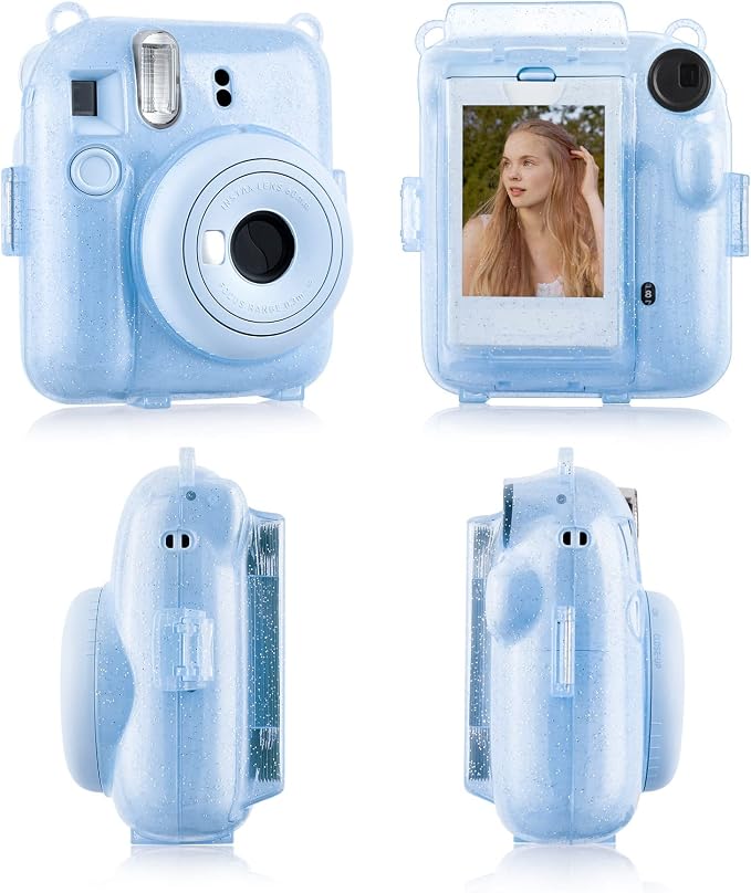 Rieibi Clear Case Compatible with Fuji Instax Mini 12 - Glitte Case Bag for Fujifilm Instax Mini 12 Instant Camera with Back Pocket, Strap and Photo Album - Glitter Blue - Image 3