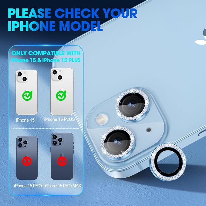 for iPhone 15/15 Plus Camera Lens Protector Bling Diamond, Blue | Individual Metal, 9H Hardness, Scratch Resistant, Shockproof, Drop Protection, Case Friendly, Stylish Accessories - Image 2