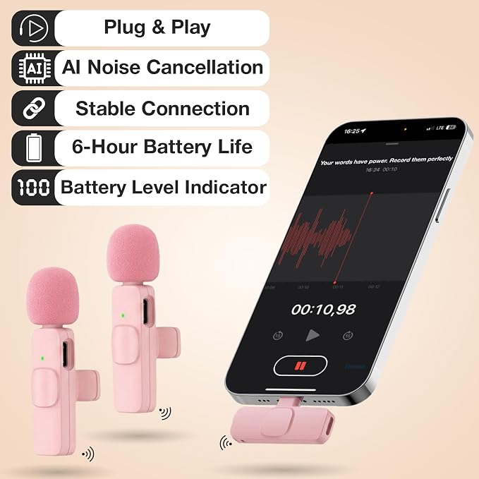 Wireless Lavalier Microphone for iPhone & Android, 2 Pack Pink Mini Mic, USB-C/Lightning Clip-On Microphone, AI Noise Cancellation, 70FT Range for TikTok YouTube Podcast Vlog - Image 6