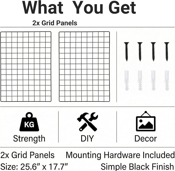 Kaforise Wire Wall Grid Panel, Multifunction Painted Photo Hanging Display and Wall Storage Organizer, Pack of 2, Size 25.6x17.7inch, Black - Image 2