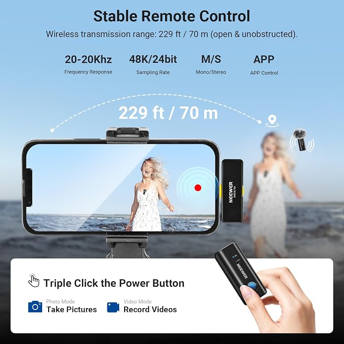 NEEWER KM23C AI Wireless Lavalier Microphone Compatible with iPhone Android Tablet PC Laptop, Omnidirectional 48K/24Bit 20-20KHZ AI Noise Cancellation Mute 70m Range 32h Total Battery (1x RX + 4X TX) - Image 3