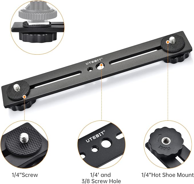 8 inch Flash Bracket, with 1/4" Screw Hot Shoe, 1 Pack | Dual Camera Mount Flash Bracket Extension Bar, Straight Flash Brackets Tripod Mount for DSLR Camera LED Light, Black - Image 2