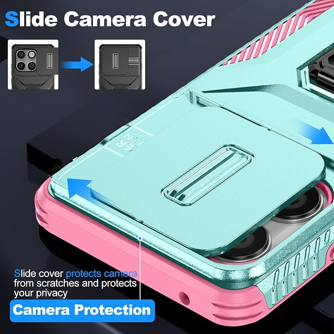 for Moto Edge 2025 Case,with Sliding Camera Lens Cover,HD Screen Protector,360° Rotating Kickstand, Military-Grade Shockproof Protective Cover for Motorola Moto Edge 2025,Mint+Pink - Image 3