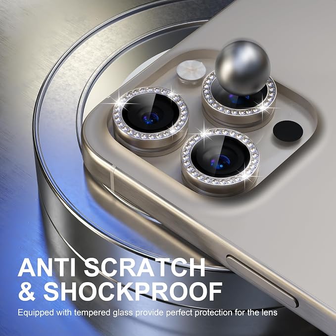 Choiche for iPhone 15 Pro/iPhone 15 Pro Max Camera Lens Protector | Ultra HD, Bling 9H Tempered Glass Camera Cover Screen Protector Metal Ring Decoration Accessories (Diamond-Titanium Natural) - Image 3