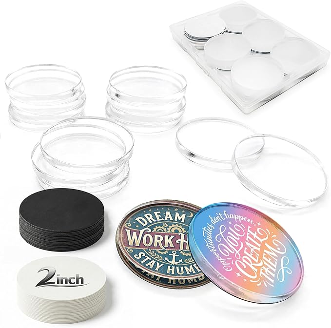 15 Pack Round Clear DIY Fridge Magnets for Whiteboard & Fridge - Self Adhesive Blank Acrylic Craft Kit with Paper Inserts. Mess-Free Art Supplies & Personalized Refrigerator Magnets by Unknown