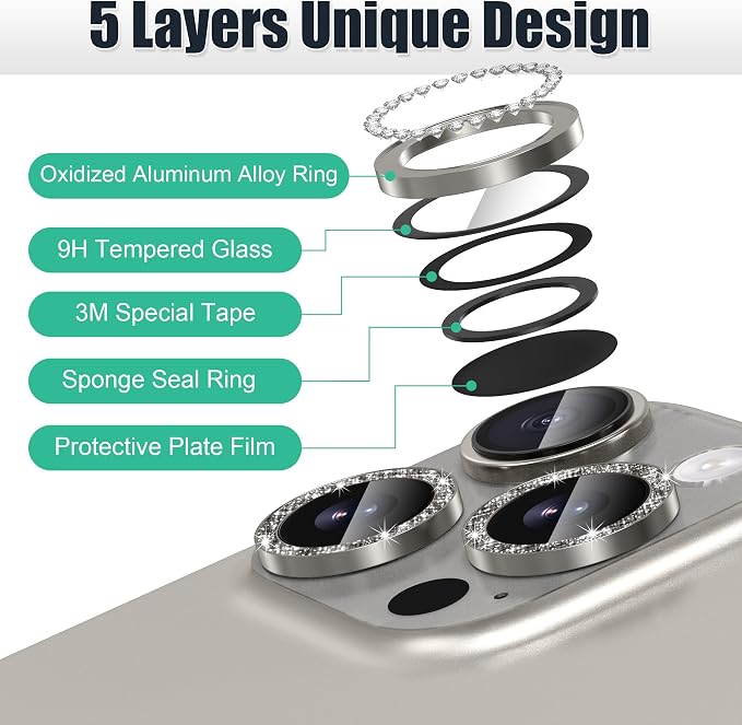 AGVEE 3+3 6 Pack for iPhone 16 Pro & Max Camera Lens Protector Cover | Individual Bling Diamond & Bling Glitter Sparkle Cute Gem Metal Ring, 9H Tempered HD Glass - Image 7