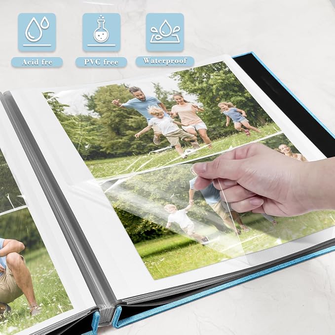 Large Photo Album Self Adhesive, DIY Scrapbook Album for 4x6 8x10 10x12 Pictures, 60 Pages Light Blue Linen Cover Memory Book, Ideal Gift for Family Wedding Baby Christmas Anniversary - Image 4