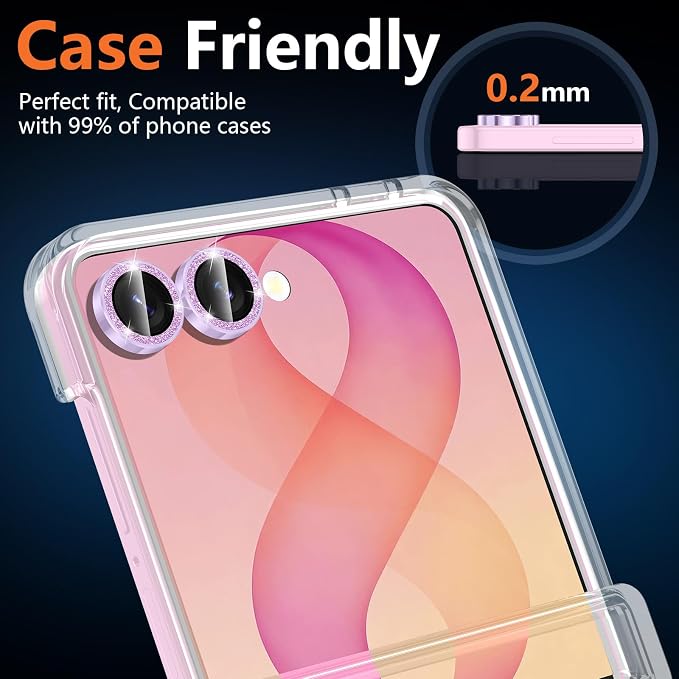 for Samsung Galaxy Z Flip 8 Camera Lens Protector, Individual Metal Ring Tempered Glass Lens Cover, [Strong Adsorption] Scratch Resistant Ultra-Thin HD Clear Lens Cover, 1 Set-Purple Sparkly - Image 6