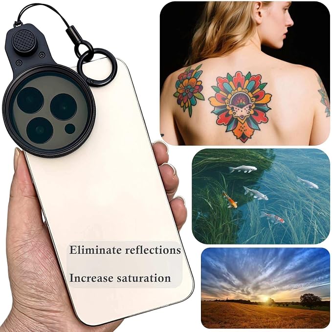52mm CPL Polarizing Filter Clip-on Lens Kit for iPhone 17, 16, 15, 13, 12, Samsung and Android Phones, with Lens Cap, Filter Case, Cleaning Cloth - Image 2