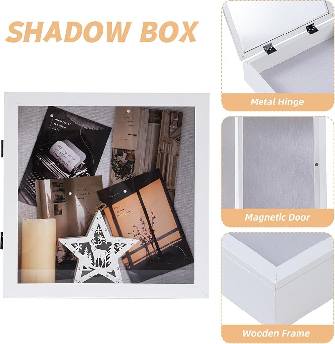 Muzilife 11x11 Shadow Box Wood Picture Frame, 2.16 Deep, Real Glass, White | FSC-Wood, Magnetic Door, Linen Interior & Pins, Vertical, Horizontal Wall Hanging, Display Case Frame for Photos & Keepsakes - Image 4