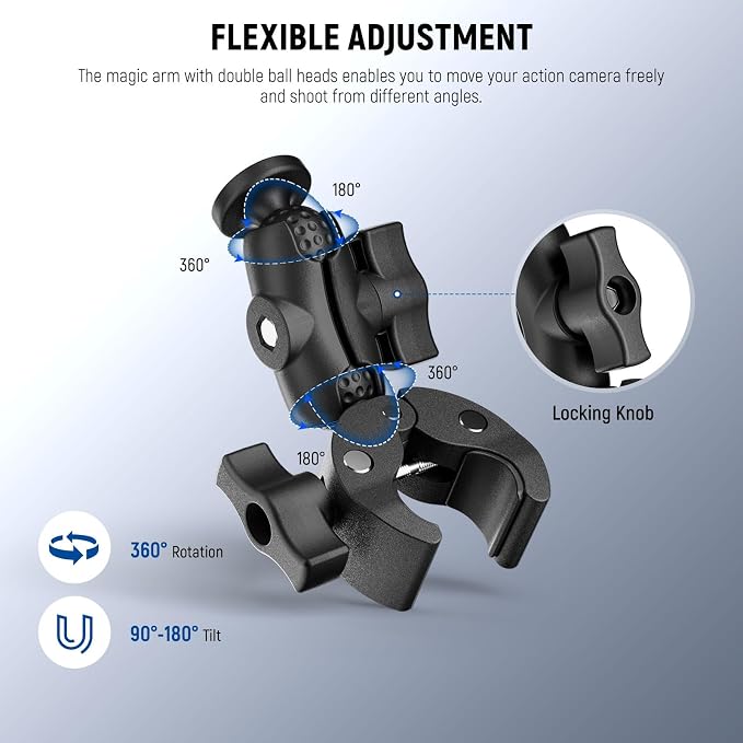 NEEWER Super Clamp Action Camera & Phone Mount with Dual Ball Heads, CA162 | Bike/Bicycle/Motorcycle Handlebar Holder, Compatible with iPhone Insta360 DJI Osmo Action GoPro Hero, for POV Video Recording - Image 3