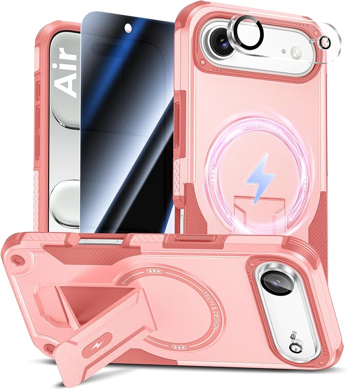 Goton 3 in 1 for iPhone Air Case with Privacy Screen Protector Pink | Glass Camera Lens Protector,Compatible for MagSafe,Invisible Kickstand, Shockproof Phone Cover for iPhone 17air by Goton